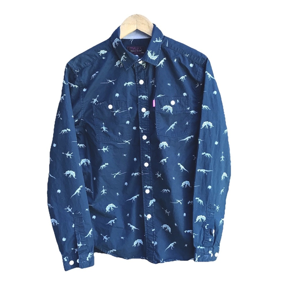 Mishka NYC Dinosaur Skeleton Print Button Up Shirt Navy Blue Small Streetwear